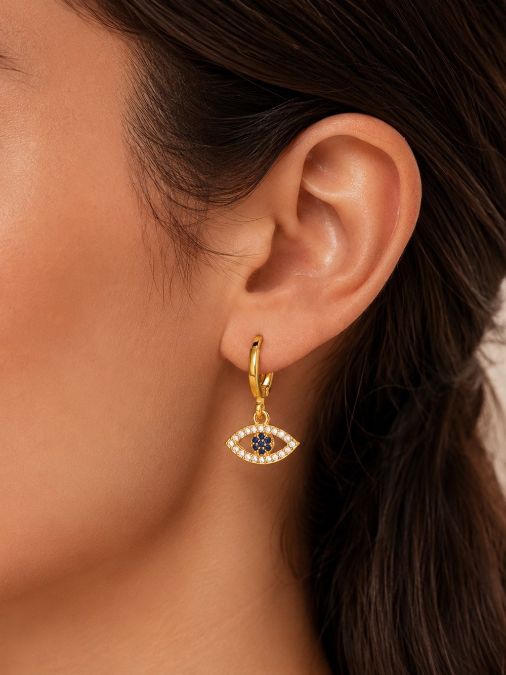 18k Gold Plated Evil Eye Hoop Earrings with Blue Center